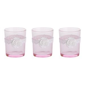 Lot de 3 photophores en verre avec rose plâtrée - 5,5 x 5,5 x 6,8 cm - Rose et blanc