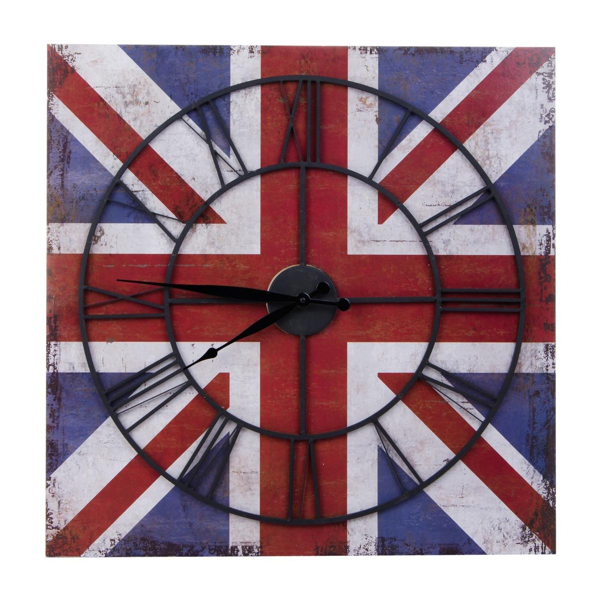 Horloge sur plaque en bois style UK - 57 x 57 x 4,5 cm - Rouge, bleu