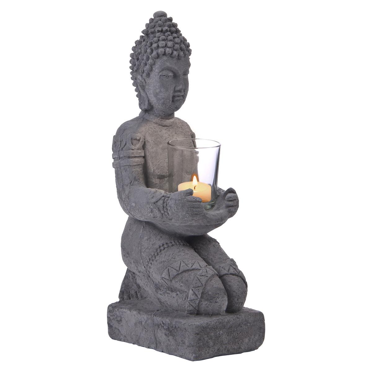 Bouddha assis en pierre avec photophore - 10 x 13,5 x H 34 cm -Gris