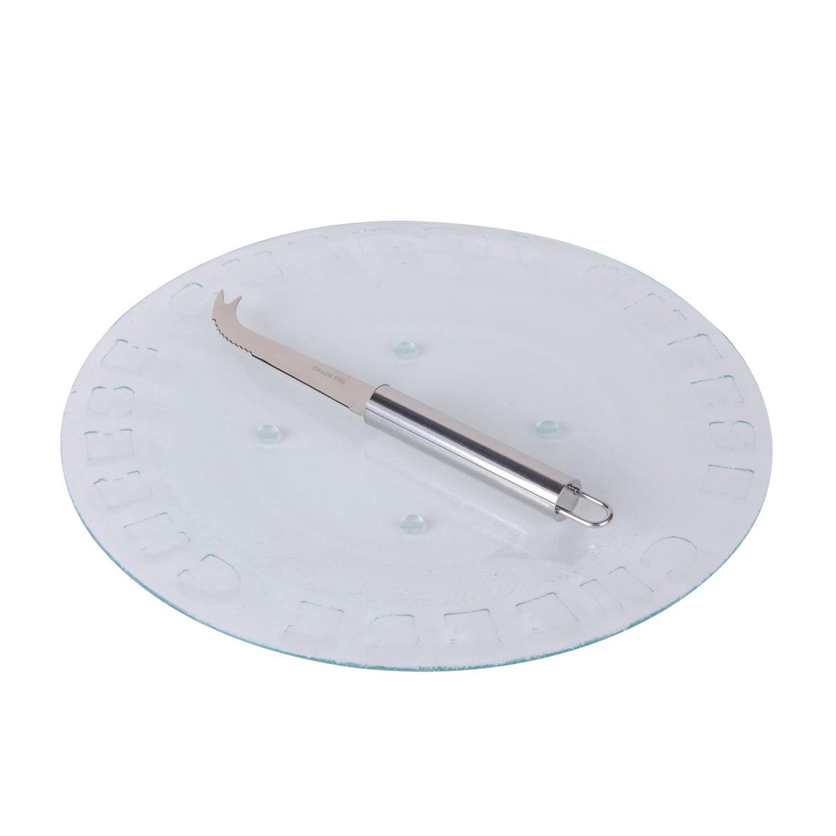 Plateau à fromage en verre + couteau - Diamètre 30 cm - Transparent, gris