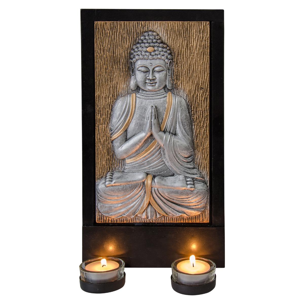 Cadre bouddha avec 2 photophores à accrocher - 17 x 6,5 x H 34,5 cm - Gris, noir