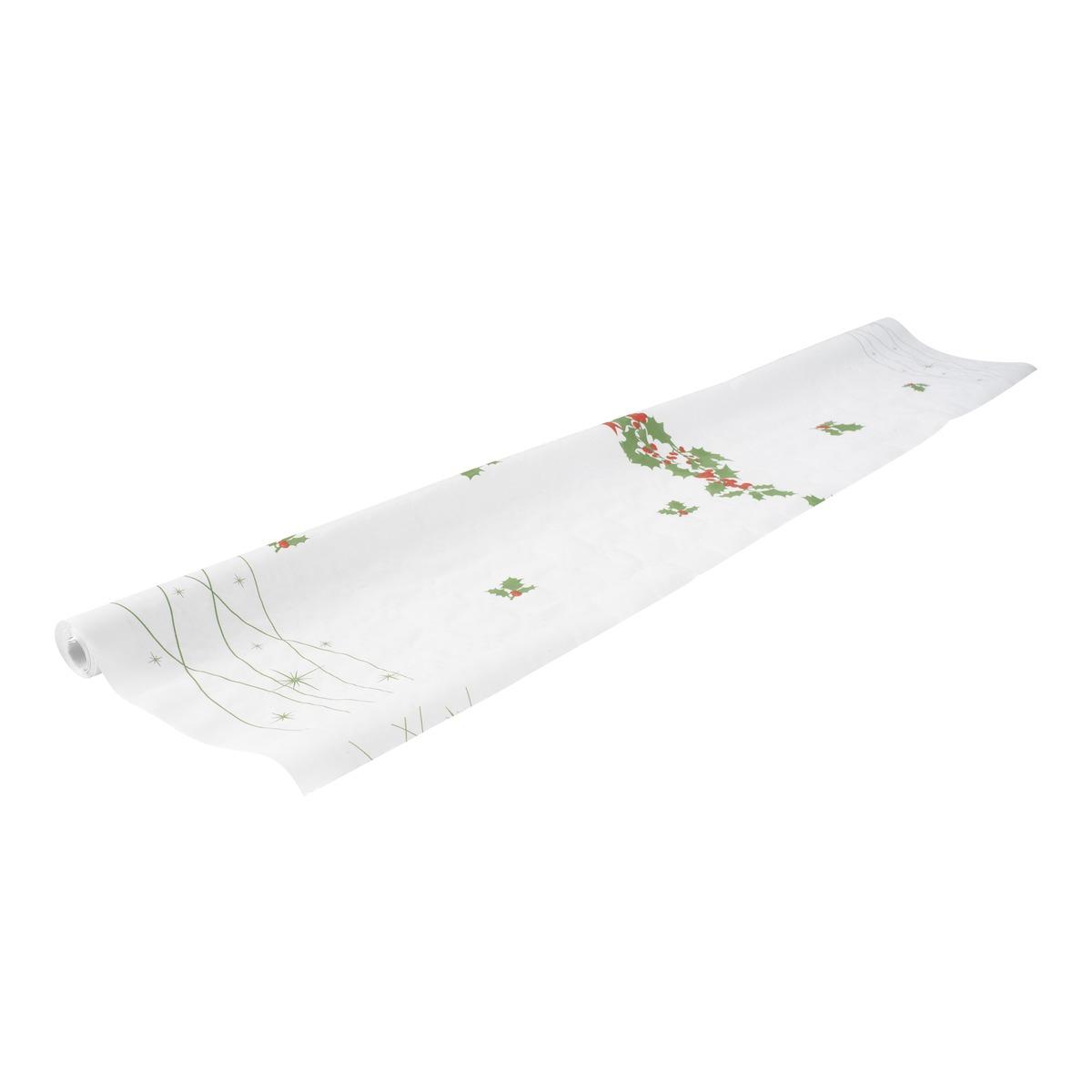 Nappe damassée motifs Houx en papier - 1,18 x 6 mètres - Blanc