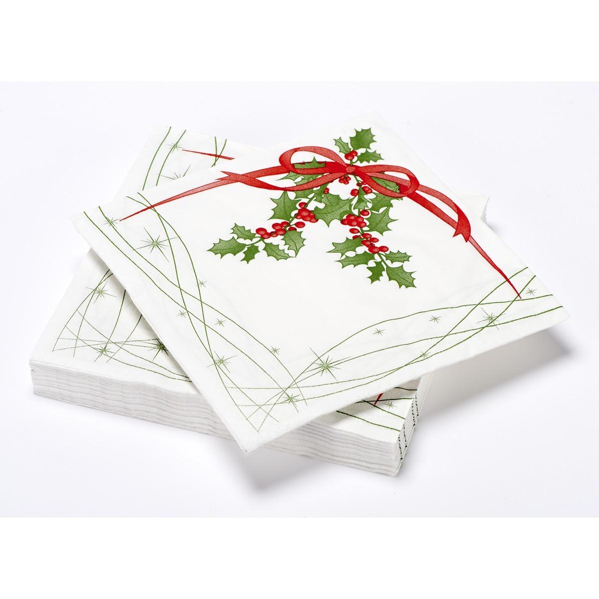 Lot de 20 serviettes en papier imprimé houx - 40 x 40 cm - Blanc, vert et rouge