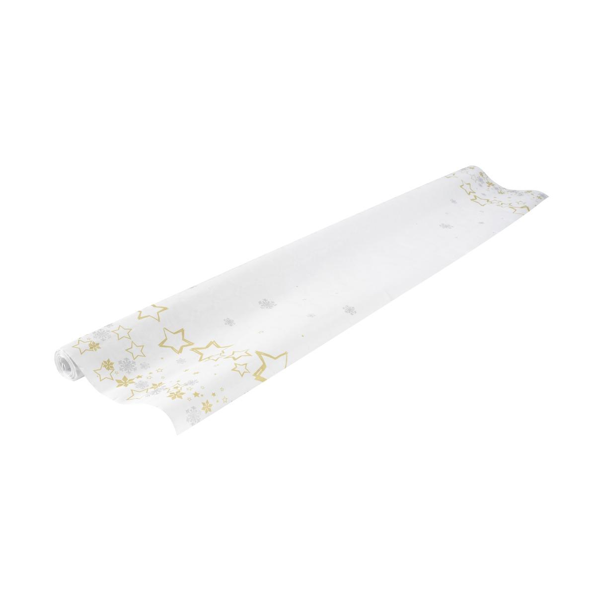 Nappe damassée étoilée en papier - 1,18 x 6 mètres - Blanc et or