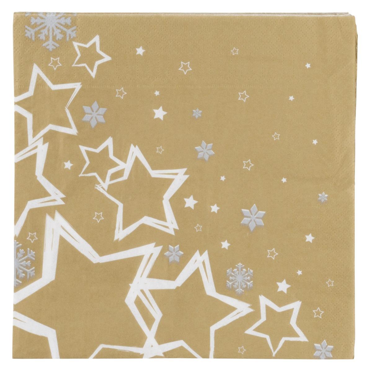 Lot de 20 serviettes en papier imprimé étoiles - 40 x 40 cm - Blanc et or