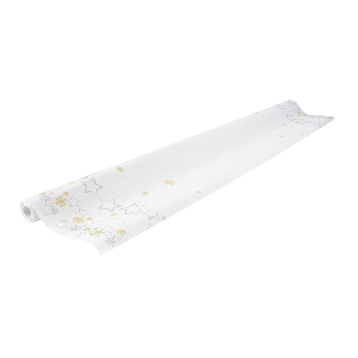 Nappe damassée étoilée en papier - 1,18 x 6 mètres - Blanc et argenté