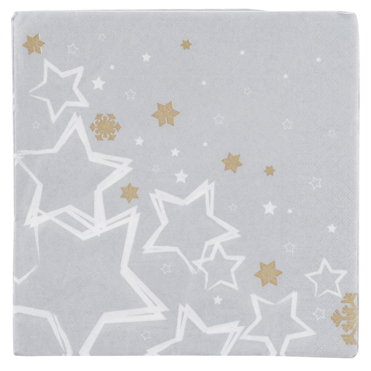 Lot de 20 serviettes en papier imprimé étoiles - 40 x 40 cm - Blanc et argenté