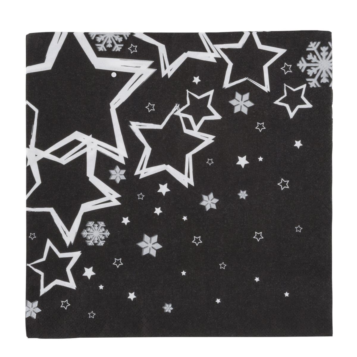 Lot de 20 serviettes en papier imprimé étoiles - 40 x 40 cm - Blanc et noir