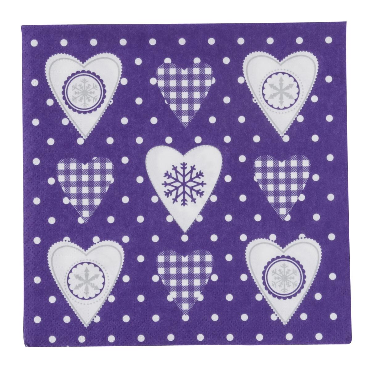 Lot de 20 serviettes en papier imprimé cœur - 33 x 33 cm - Violet prune