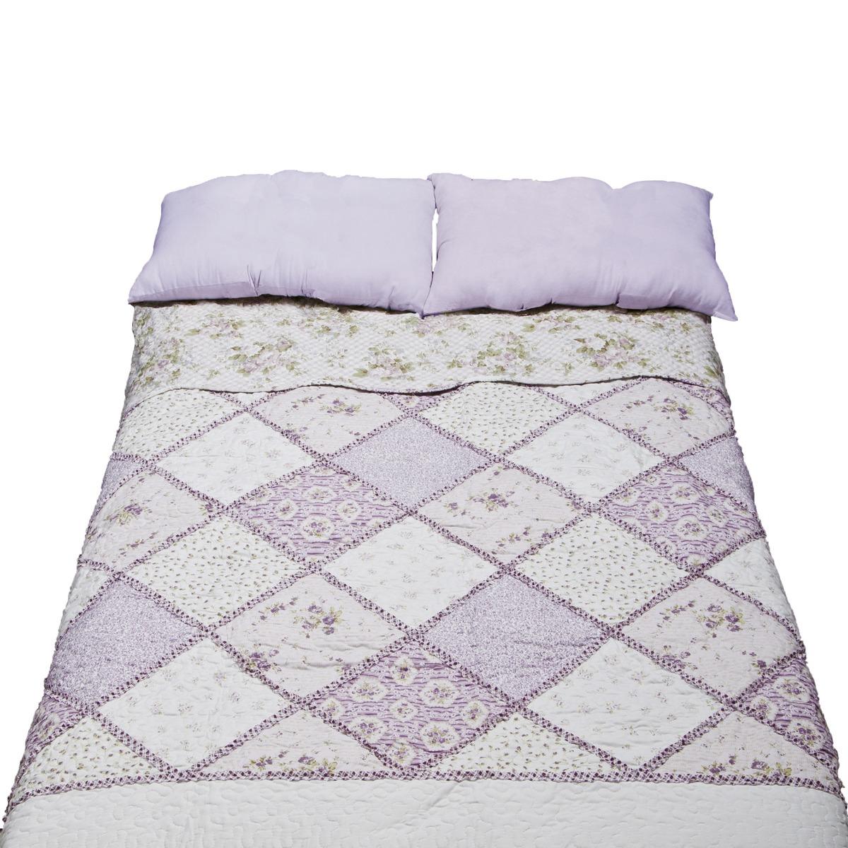 Dessus de lit confort motif fleuri - 220 x 240 cm - Blanc, violet