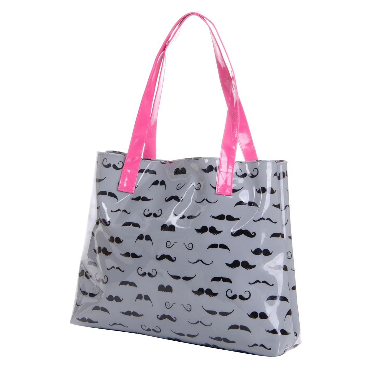 Sac cabas 2 anses motifs moustache - 40 x 30 x 10 cm - Gris