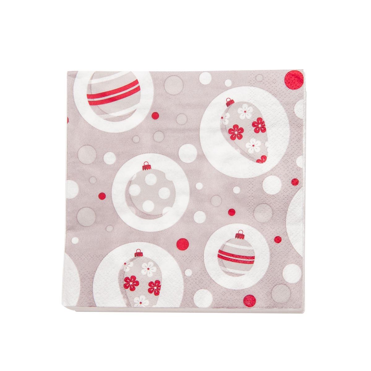 Lot de 20 serviettes en papier motif boules de Noël - 33 x 33 cm - Blanc, Rouge, Gris
