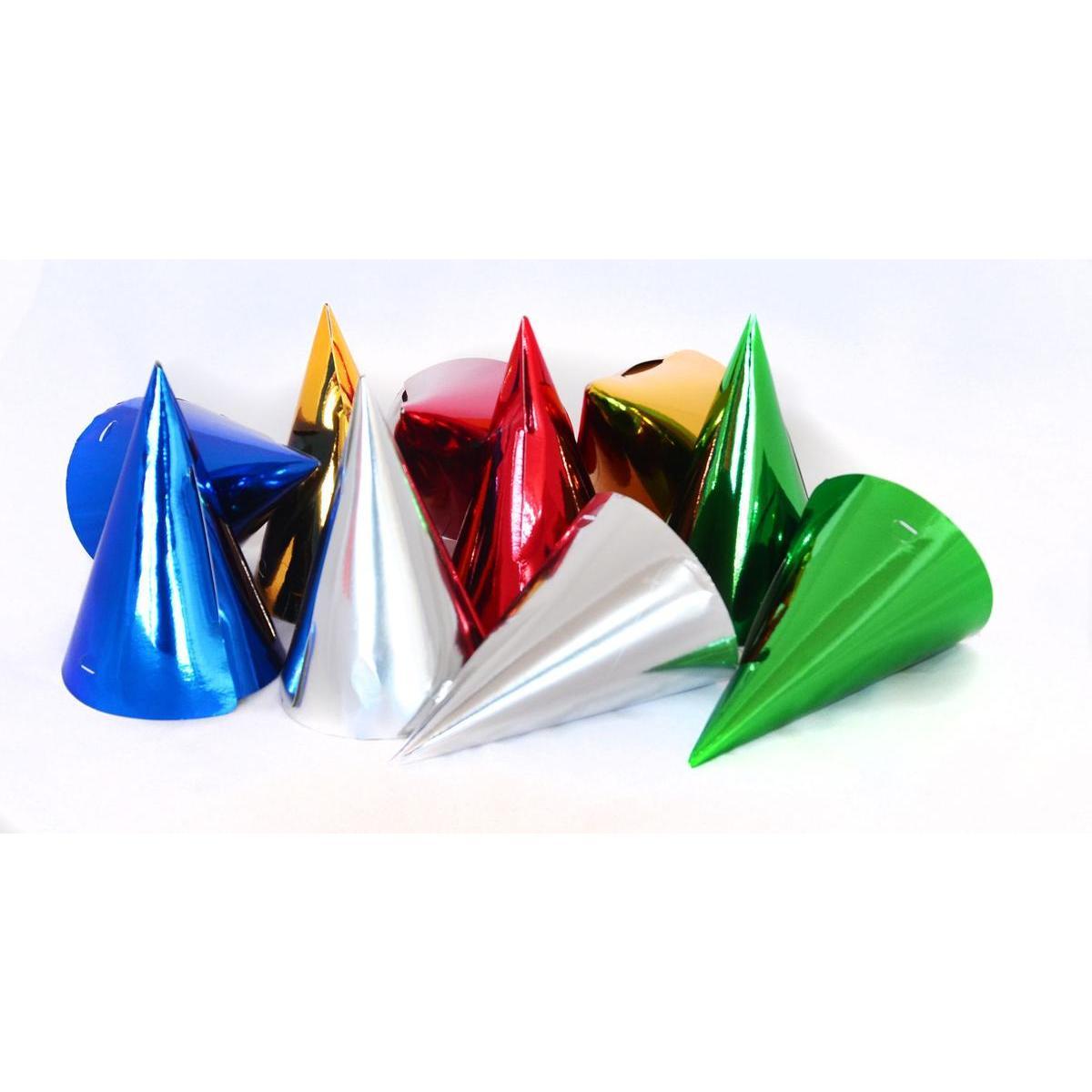 10 chapeaux pointus festifs - H 16 cm - Or, rouge, vert, argent, bleu