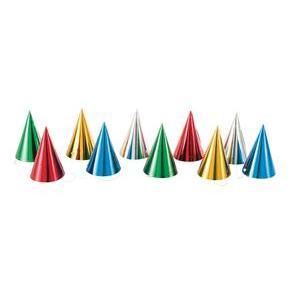 10 chapeaux pointus festifs - H 16 cm - Or, rouge, vert, argent, bleu