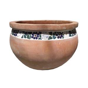 Cache-pot en terre cuite décor mosaïque - Diamètre 42 x H 29 cm - Marron terracotta, blanc, bleu