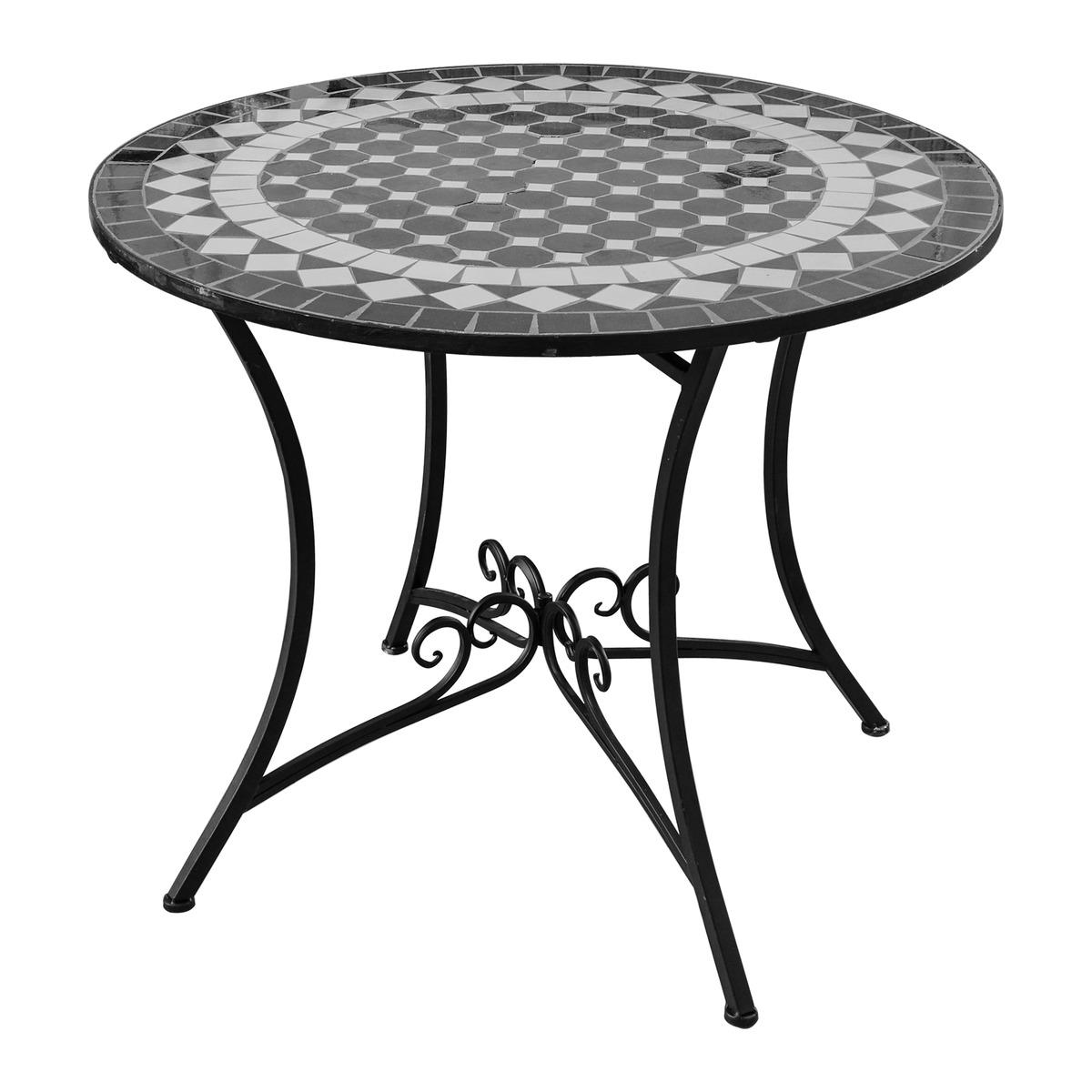 Table ronde Fès en acier décor mosaïque - Diamètre 90 x H 72 cm - Blanc, noir