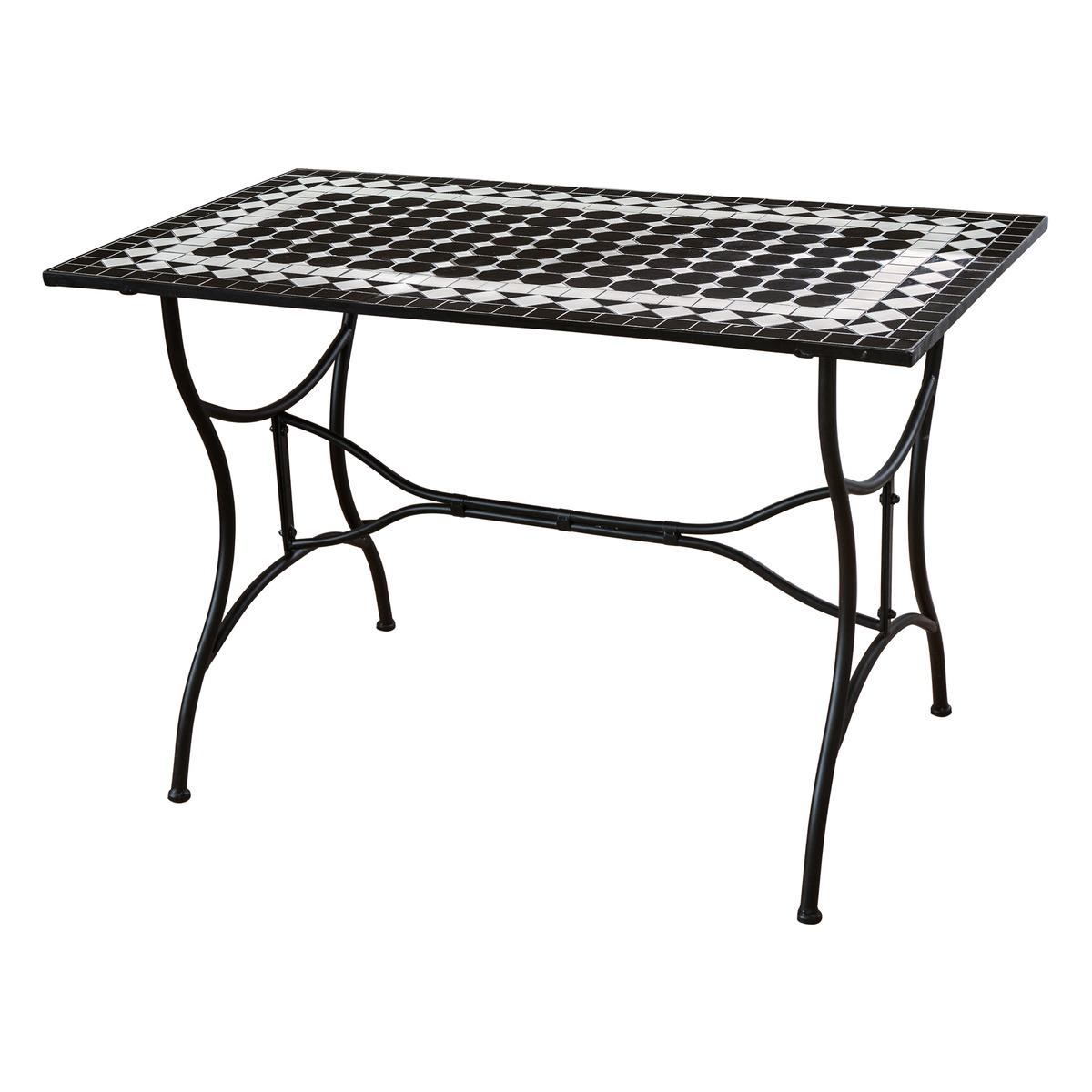 Table rectangulaire Fès en acier décor mosaïque - 120 x 70 x H 72 cm - Blanc, noir