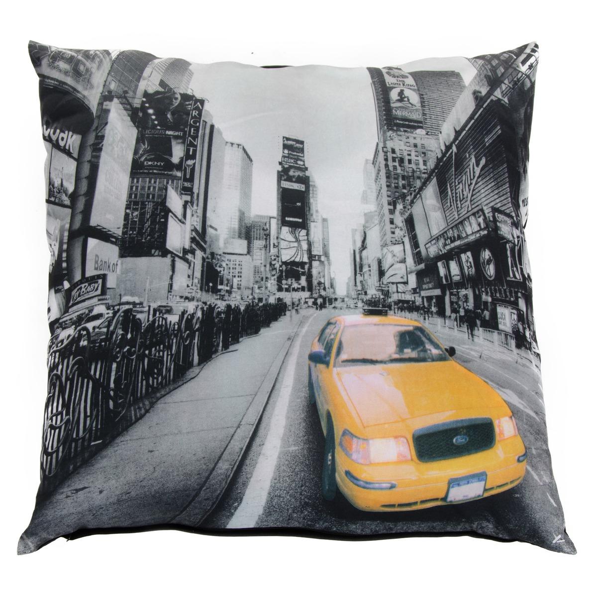 Coussin imprimé décor taxi newyorkais - 45 x 45 cm - Gris, jaune