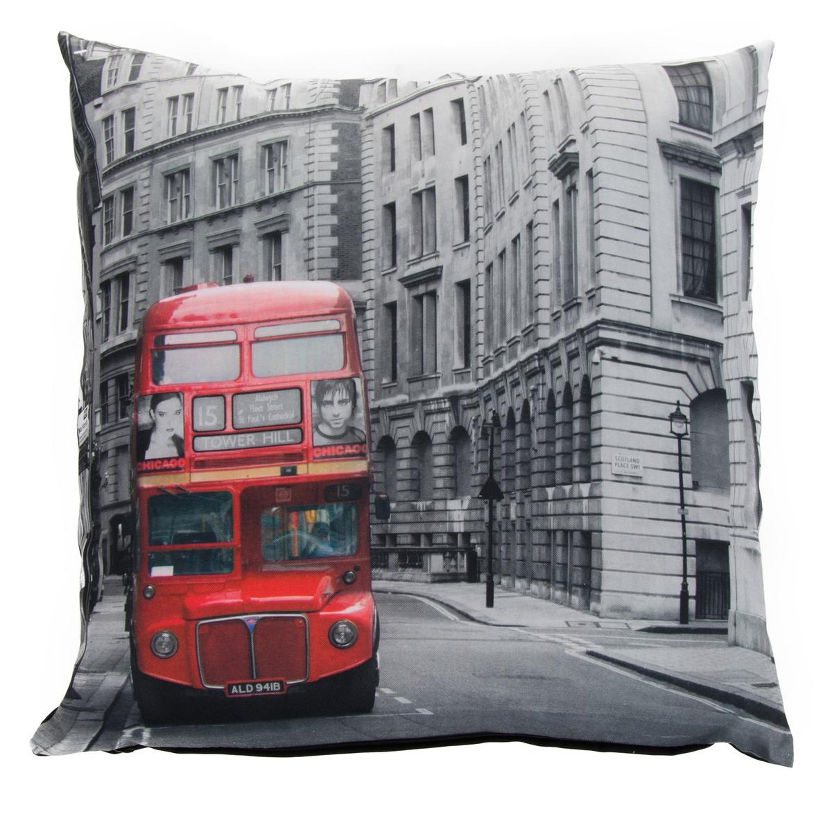 Coussin imprimé décor Londres - 45 x 45 cm - Gris, rouge