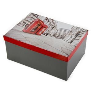 Boite de rangement en carton décor Londres - 38 x 27 cm - Gris, rouge