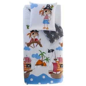 Parure housse de couette thème pirate + 1 taie d'oreiller - 140 x 220 cm - Blanc, bleu