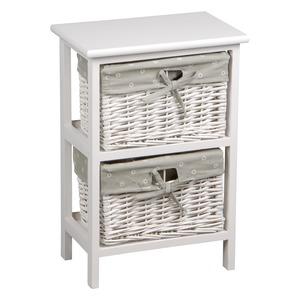 Meuble 2 tiroirs style campagnard - osier, tissu - 34,5 x 23 x 51 cm - Blanc, gris