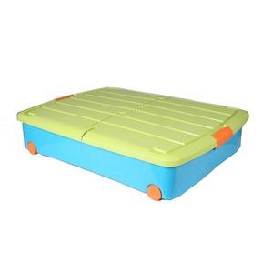 Box de rangement dessous de lit en plastique avec roulettes et couvercle papillon - 50 litres - Bleu, vert