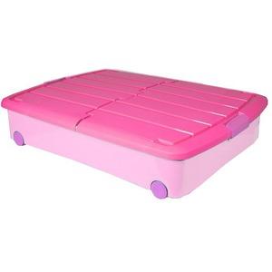 Box de rangement dessous de lit en plastique avec roulettes et couvercle papillon - 50 litres - Rose