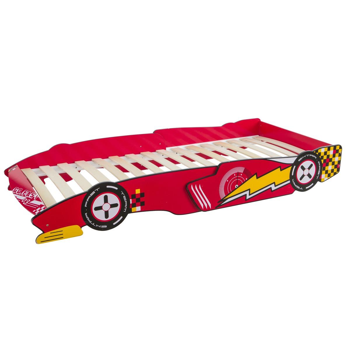 Lit voiture 1 personne + sommier 16 lattes - 212,5 x 96,5 x H 30 cm - rouge et jaune