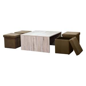 Ensemble table aspect chêne clair + 4 poufs-coffres pliables en suédine - 85 x 85 x H 42,5 - Beige, gris