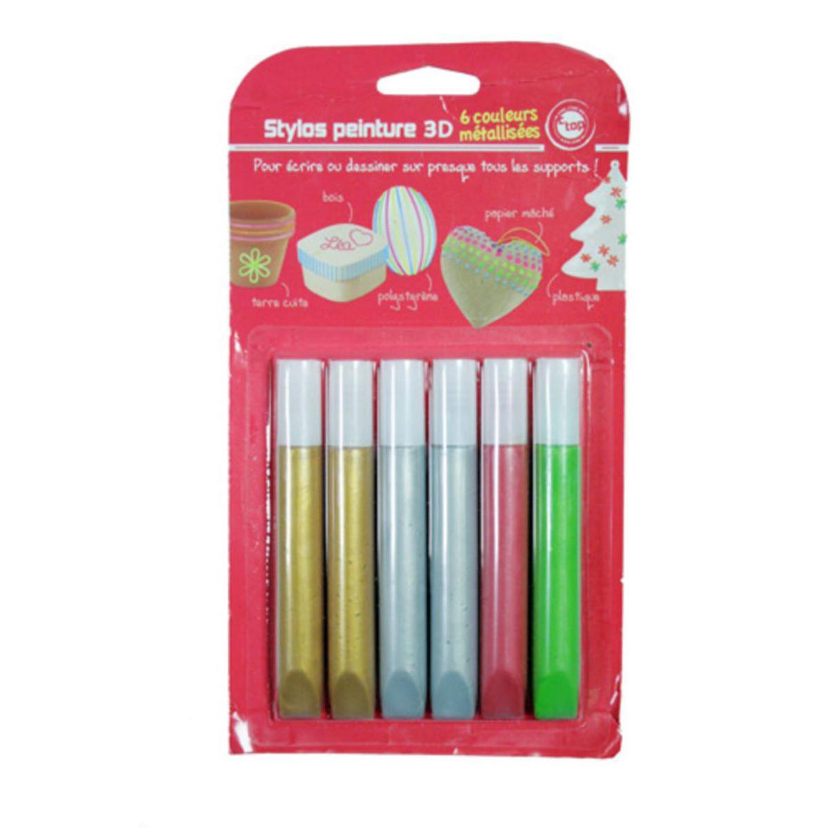 Lot de 6 stylos peinture 3D métal - Acrylique - 22,5 x 12,5 x 1,8 cm - Multicolore