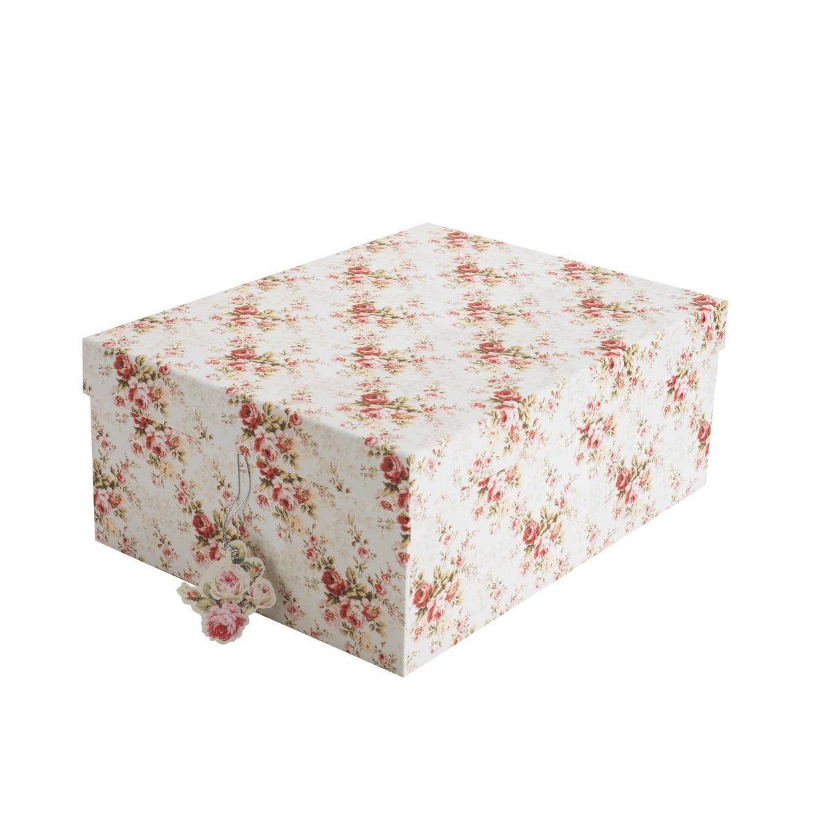 Boîte rectangulaire Romance en carton à motif fleuri - 31,5 x 24 x H 13 cm - Rose