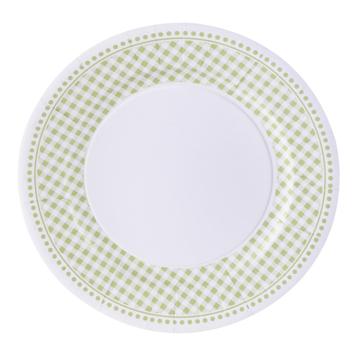 Lot de 10 assiettes en carton motif vichy - Diamètre 23 cm - Vert, blanc