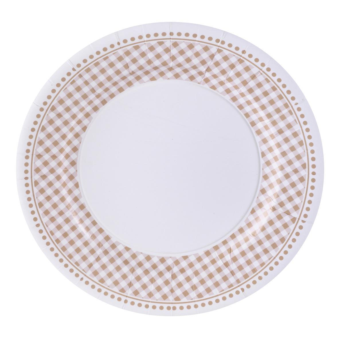 Lot de 10 assiettes en carton motif vichy - Diamètre 23 cm - beige, blanc