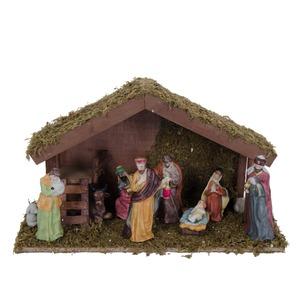 Crèche + 10 santons porcelaine - 38,5 x 14,5 x 22,5 cm - Multicolore