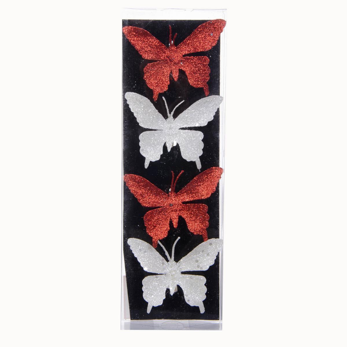 Lot de 4 pinces papillons - Plastique - 6,5 x H 9 cm - Rouge et blanc