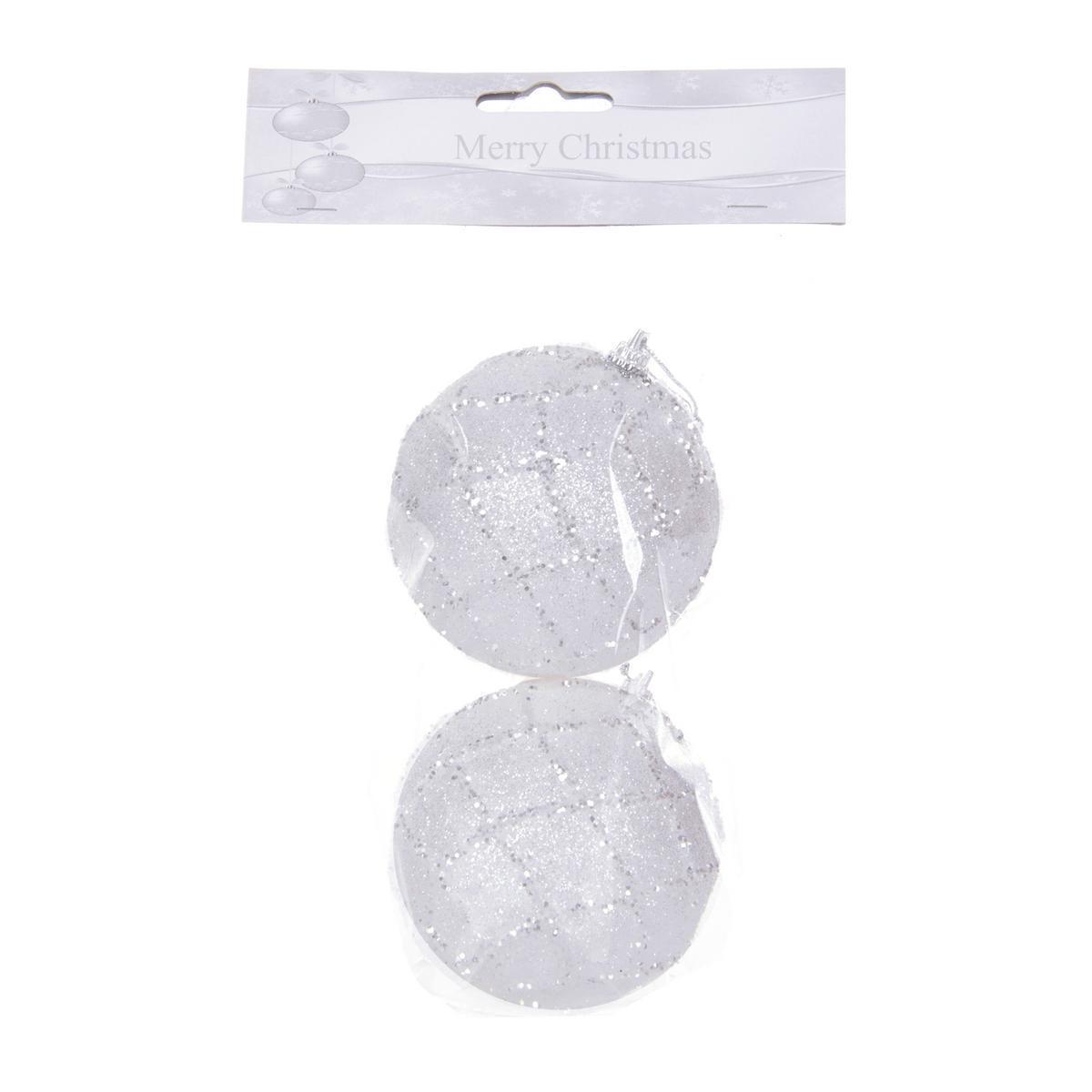 Lot de 2 boules givrées avec filet argent - Polystyrène - Ø 8 cm - Blanc