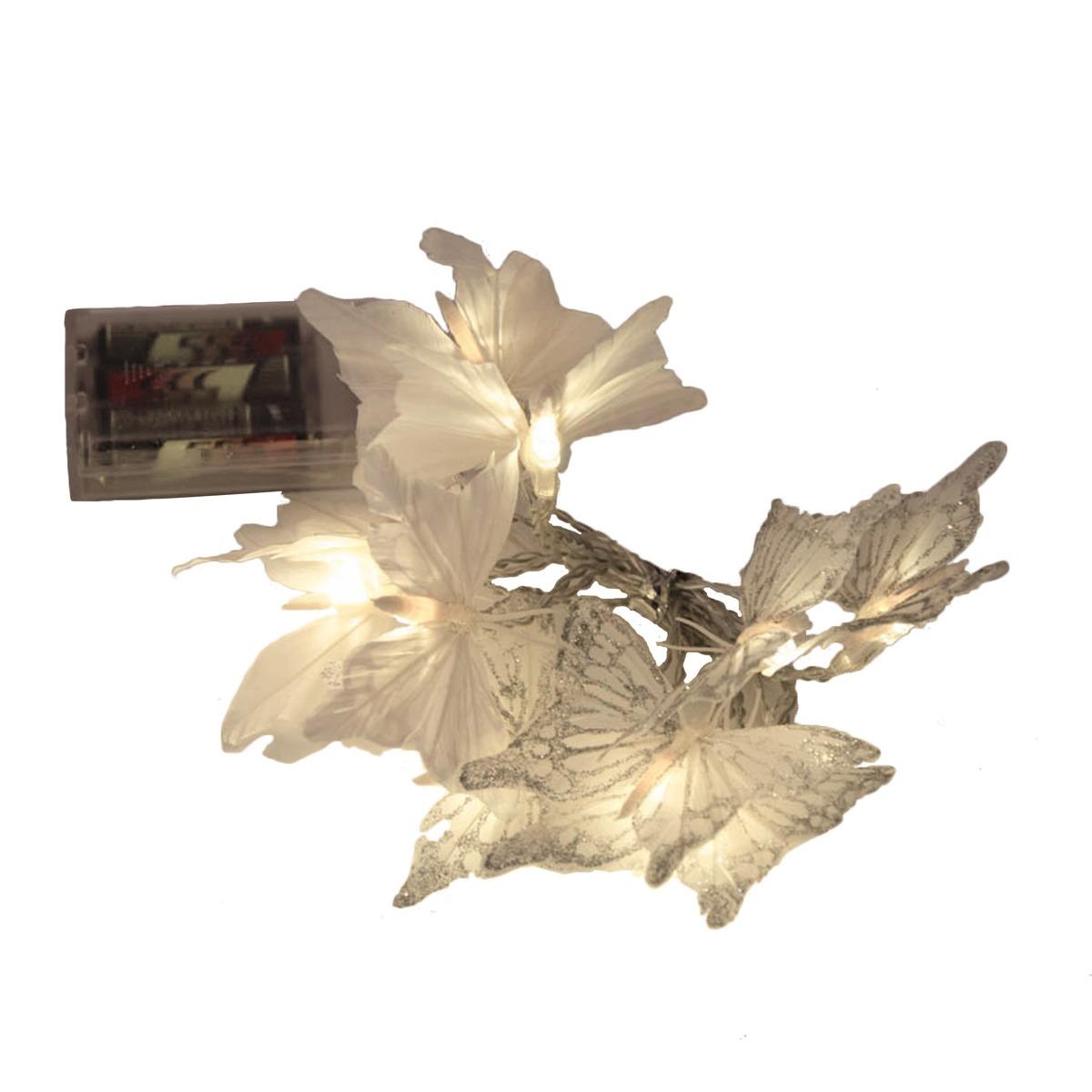 Guirlande électrique 10 LED papillons en plumes - Longueur 1 m - Blanc