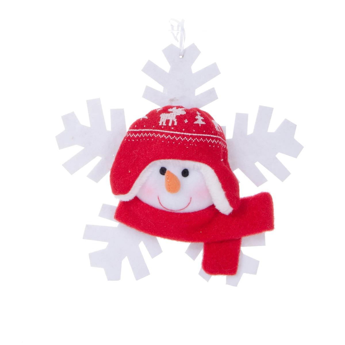 Suspension flocon bonhomme de neige - 20 cm - Blanc et rouge