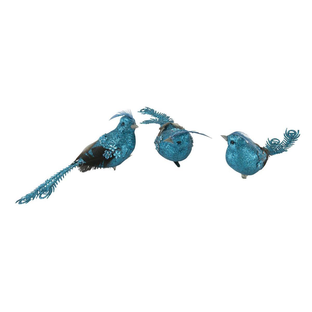 Lot de 3 pinces oiseau - Polystyrène et plumes - 14 cm - Bleu