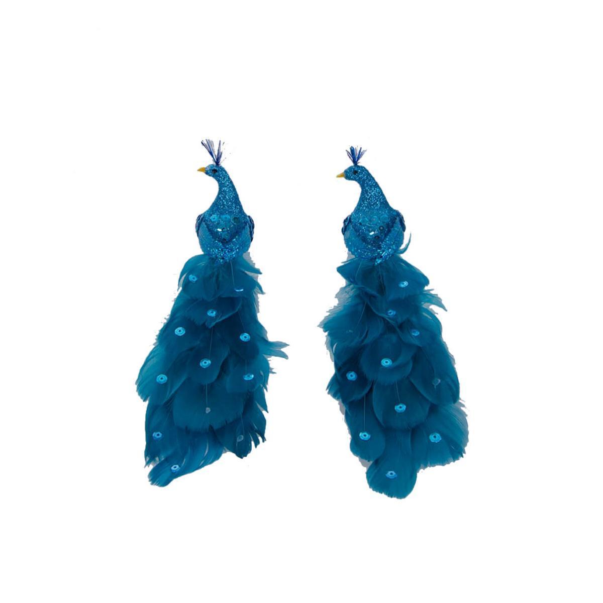 Lot de 2 pinces paon - Polystyrène et plumes - 22 cm - Bleu