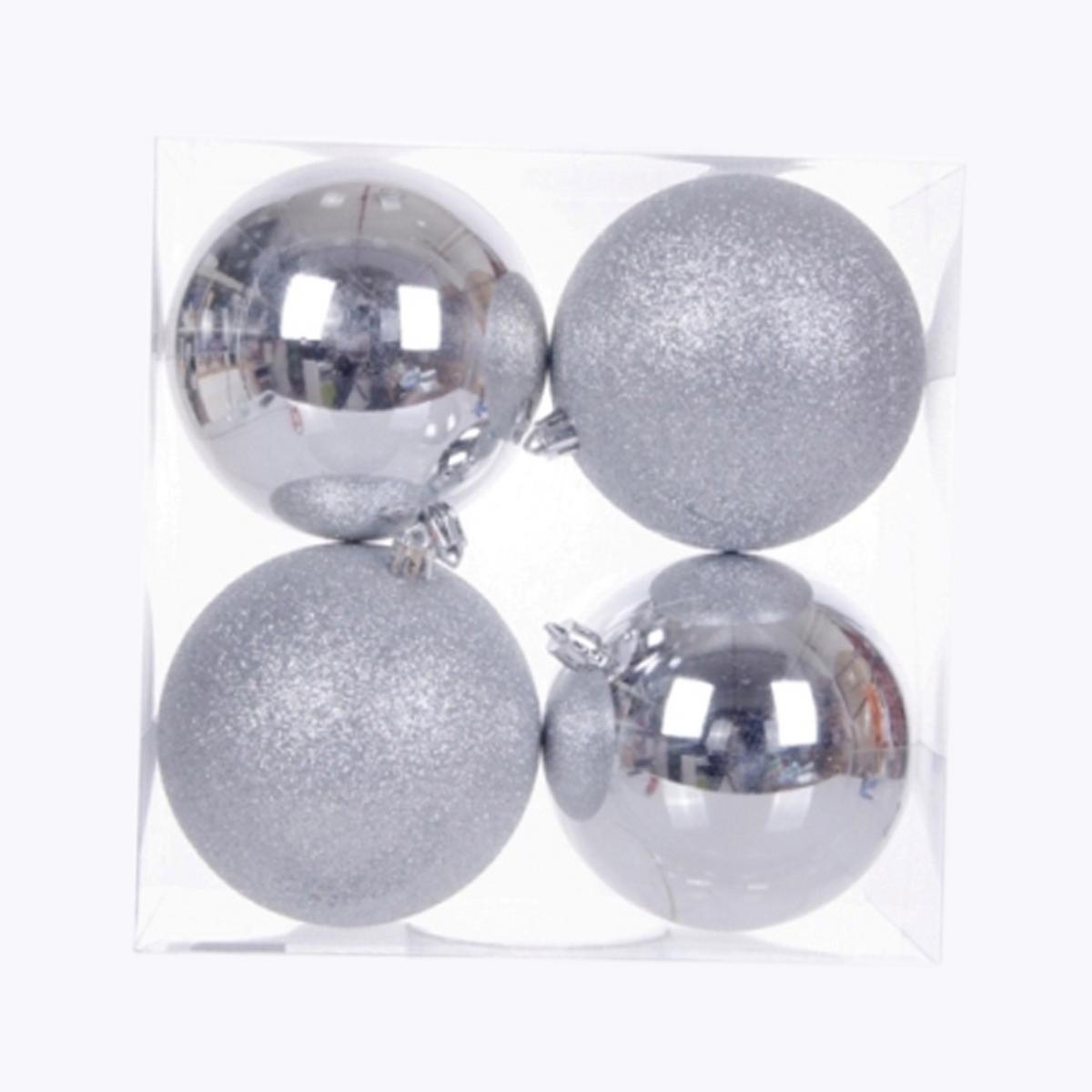 Lot de 4 boules - Plastique - Ø 10 cm - Argent