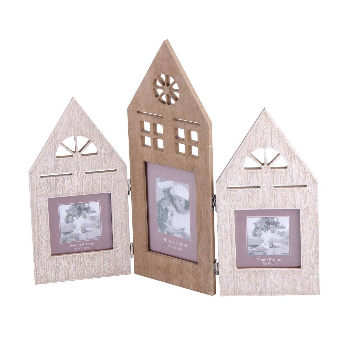 Pêle-mêle photo articulé en forme de maison - 42 x H 36 cm - Marron, Blanc