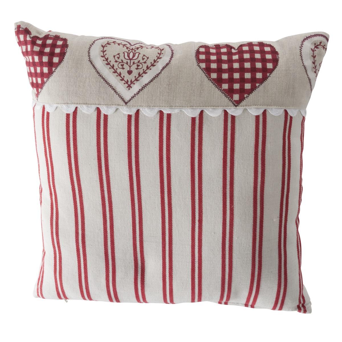 Coussin à motif cœurs et rayures - 40 x 40 cm - Rouge