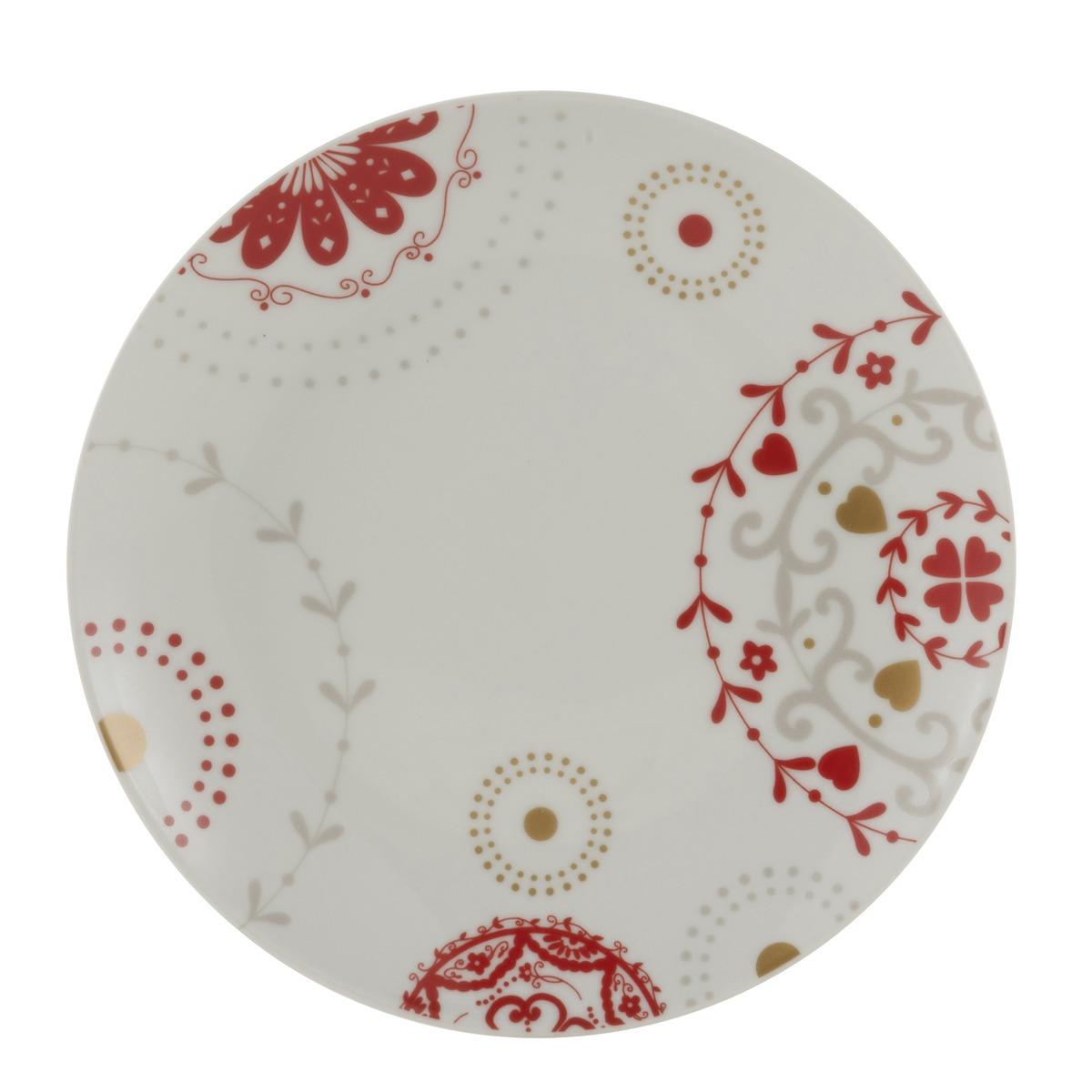 Assiette à dessert motif floral - Diamètre 19 cm - Blanc, Rouge
