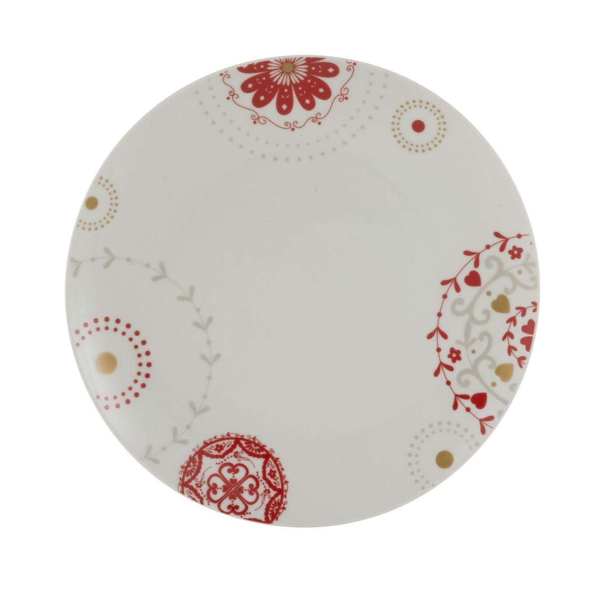 Assiette plate motif floral - Diamètre 27 cm - Blanc, Rouge