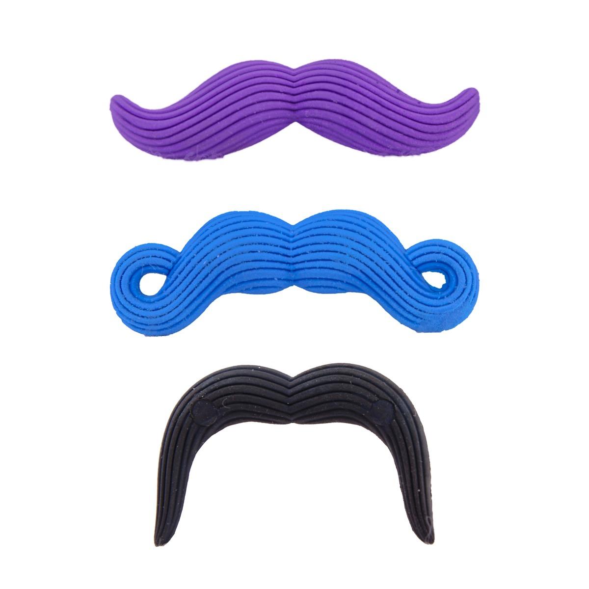 Gommes modèle moustache x3 - Noir, bleu, violet