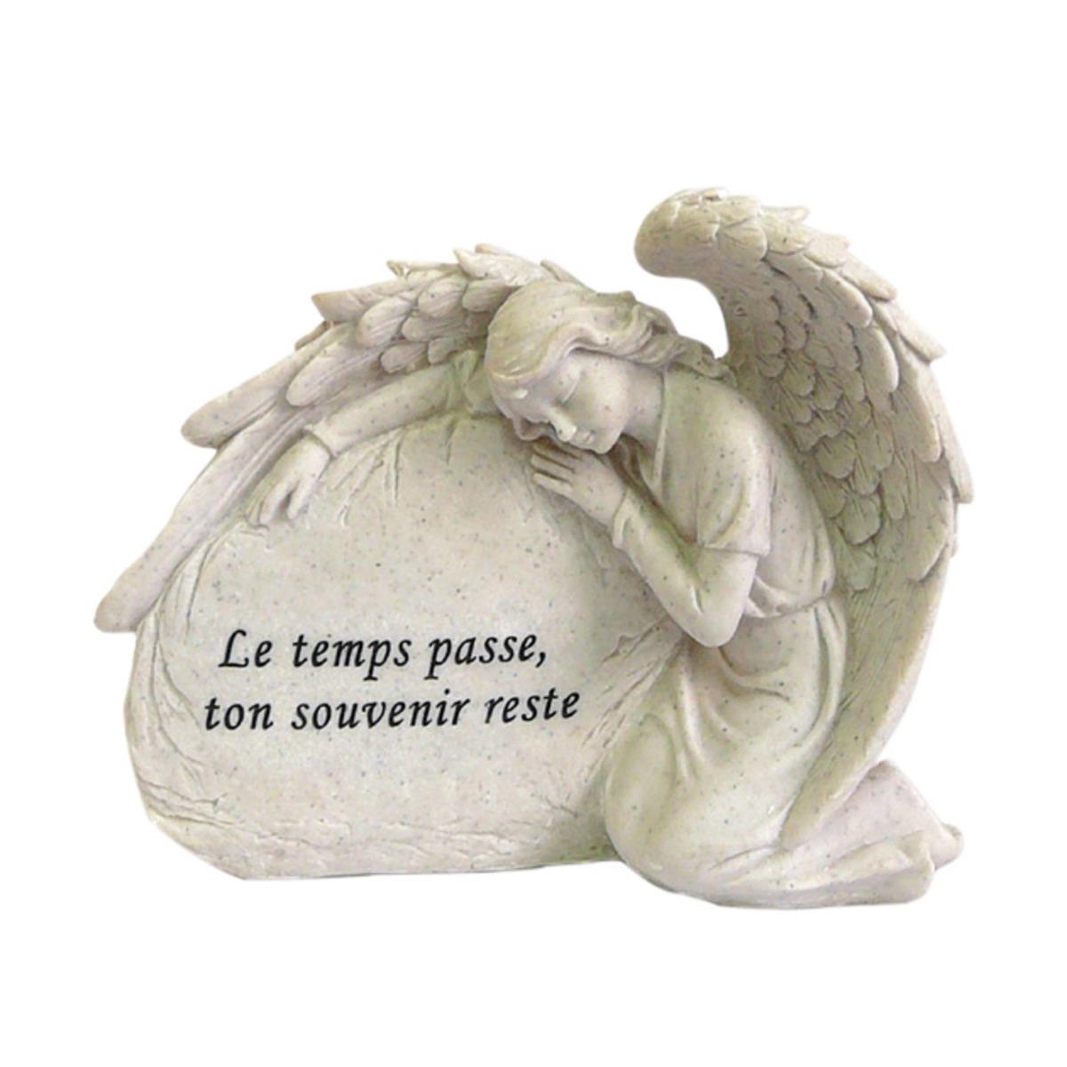 Décoration funéraire ange se reposant sur pierre - 25 x 9 x H 18 cm - Blanc