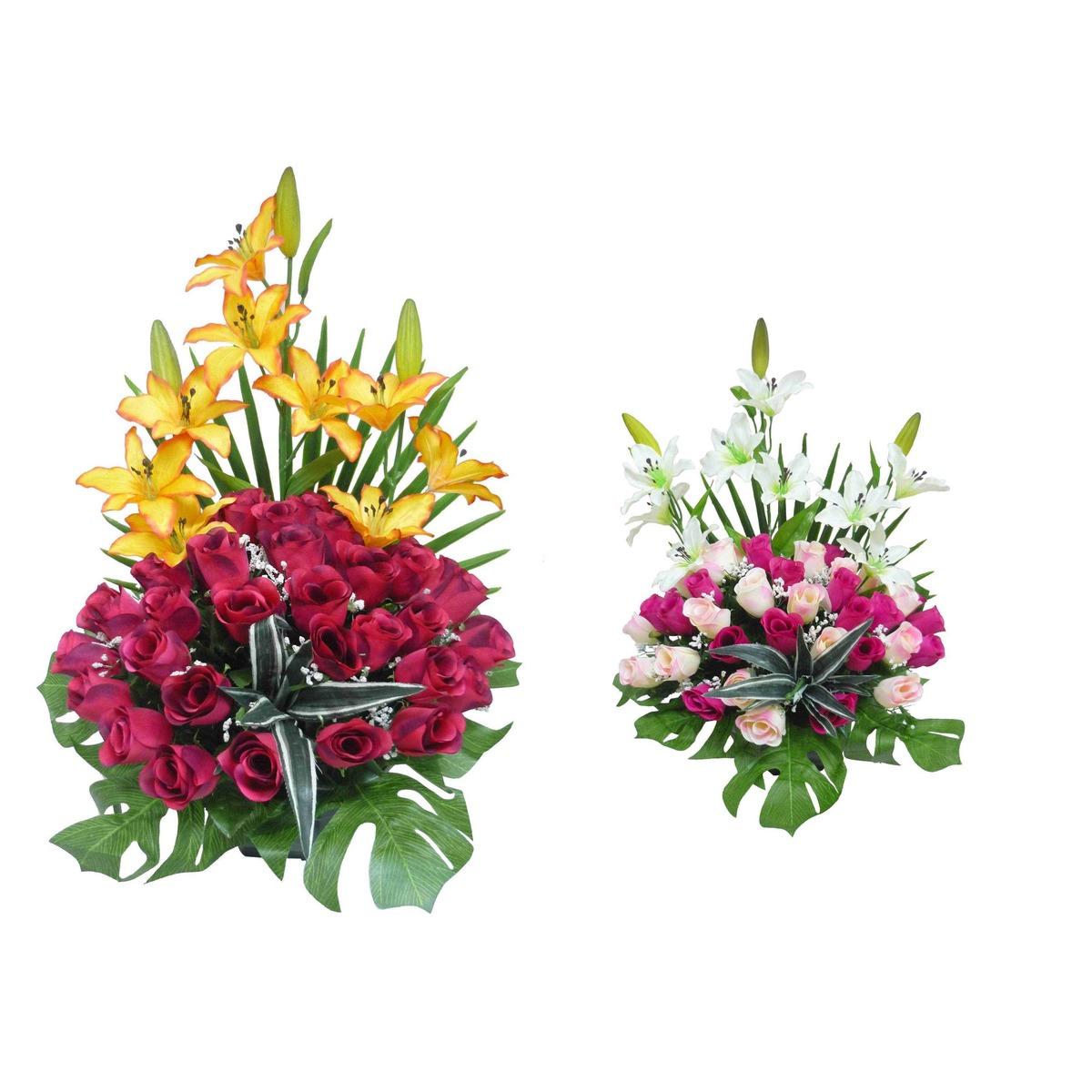 Coupe roses + lys + palmes - Hauteur 51 cm - Différents modèles