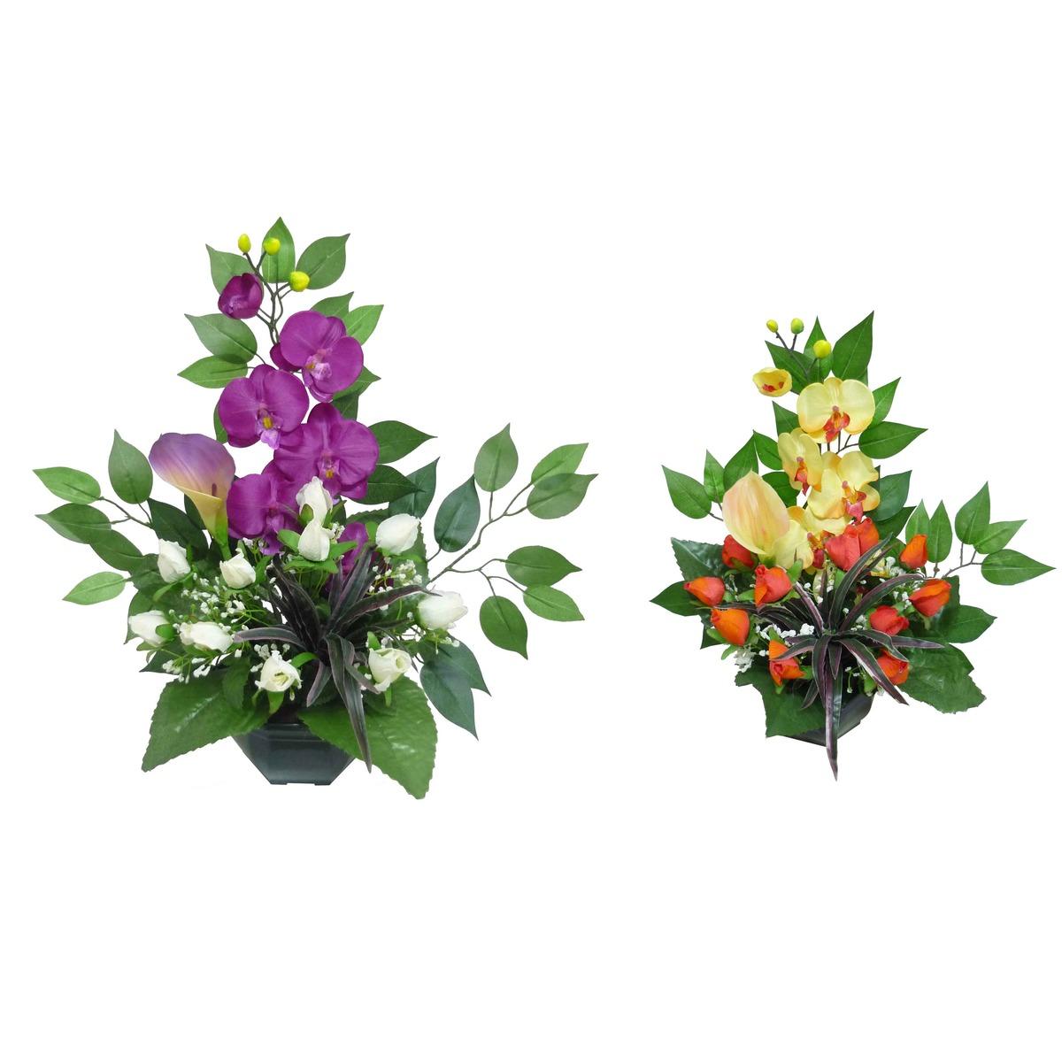 Coupe de roses + arums + orchidées + ficus - Hauteur 53 cm - Différents modèles